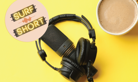 headphones with coffee and SURF Short logo