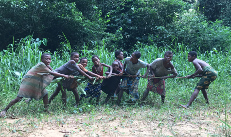 Bayaka women and children playing by pulling on sticks