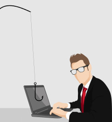 illustratie van een man achter zijn laptop waar een crimineel in een zwart pak met een vishengel info uit de laptop vist