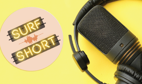 microphone with headphones and logo of podcast SURF Short
