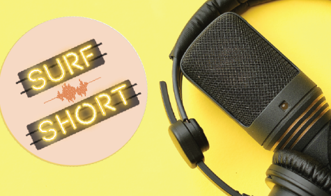 microfoon met koptelefoon en logo van podcast SURF Short