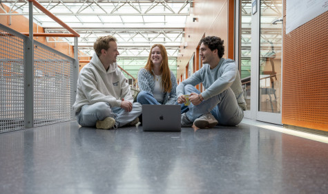 drie studenten zitten op de grond en zijn in gesprek. 