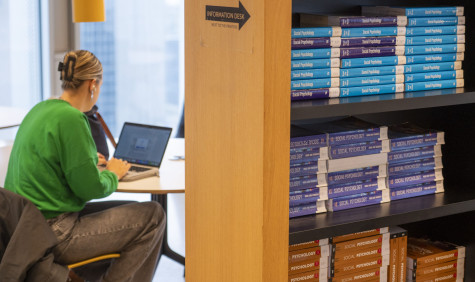 studente werkt op laptop in de bibliotheek