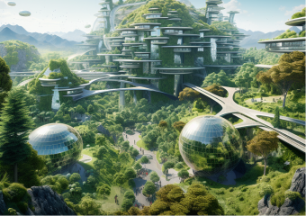 Futuristisch gebouw met veel groen en spiegelende bollen op de voorgrond, verbonden met wegen