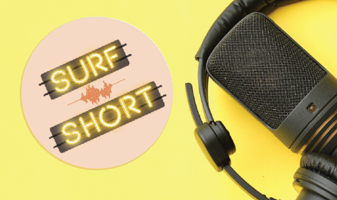 koptelefoon met kop koffie en logo SURF Short