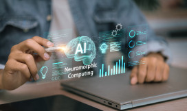 Software engineer working with Neuromorphic Computing interface. Futuristic AI technology mimicking human brain neural networks for advanced data processing and machine learning.