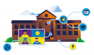 Illustratie van campusgebouw met iconen van ict-voorzieningen