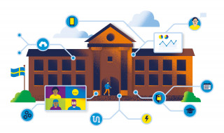 Illustratie van campusgebouw met iconen van ict-voorzieningen