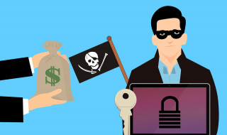 Illustratie van een crimineel achter een laptop waarvan de bestanden versleuteld zijn en een zak met geld om het ongedaan te maken