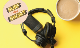 headphones with coffee and SURF Short logo
