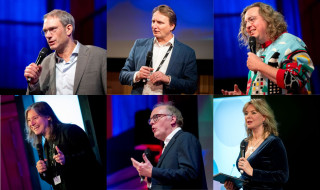 Zes portretfoto's van mensen die als spreker op een podium staan