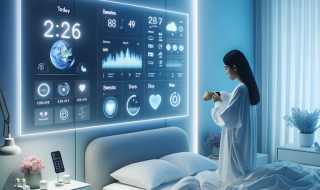 photo-of-salima-waking-up-in-a-modern-technologically-advanced-bedroom.-soft-blue-and-white-hues-illuminate-the-room.-wearables-on-her-wrist-display