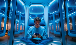 photo-of-jeroen-in-a-transparent-soundproof-pod.-ambient-blue-lighting-fills-the-space.-hes-engrossed-in-a-mindfulness-app-finding-solace