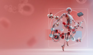 Illustratie van robot met dna strengen rondom