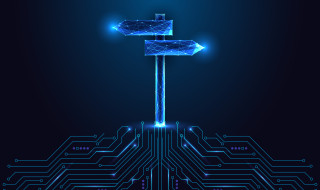 Digital glowing signpost above circuit board, AI decision making and smart navigation vector