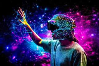 Man wearing virtual headset background generative AI