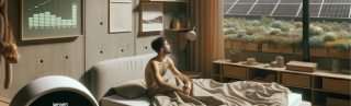 ai beeld van man op een bed die naar buiten kijkt naar een zonnepark