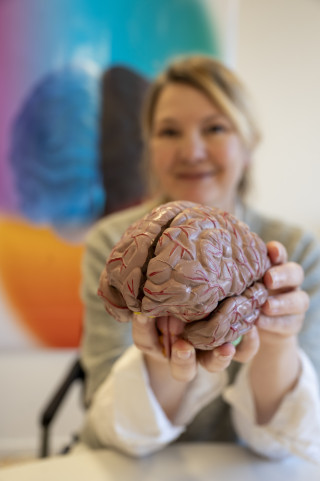 Eveline Crone houdt een anatomisch model van hersenen vast