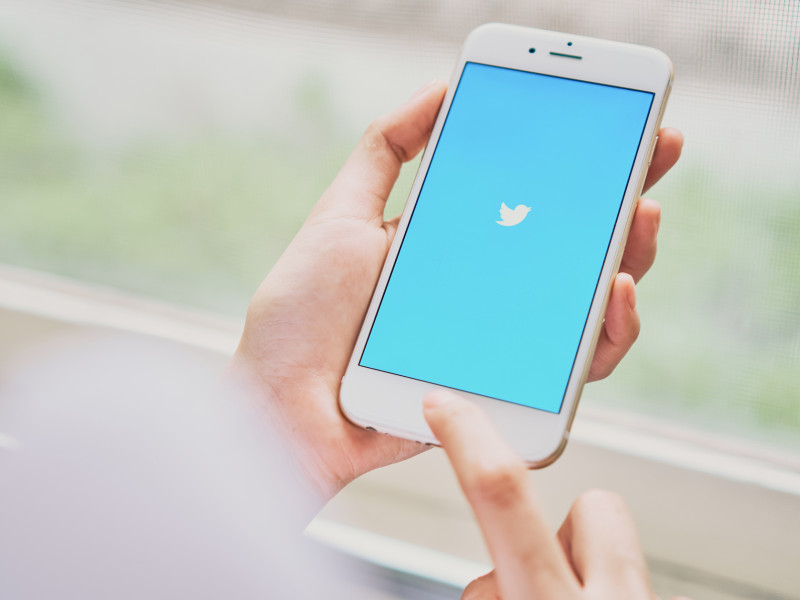 Vrouw bezoekt Twitter pagina op mobiele telefoon
