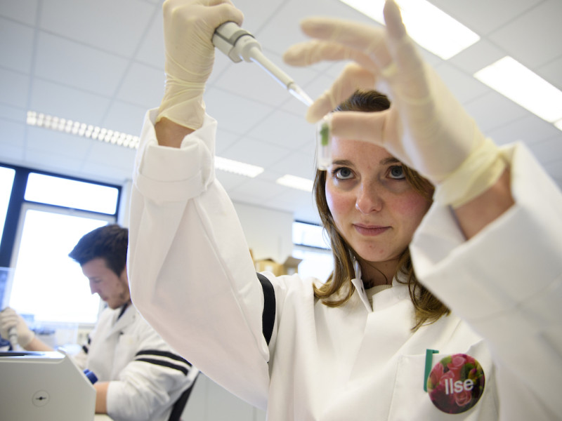 Dokter met reageerbuis voert een expiriment uit