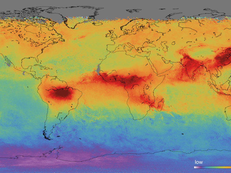 Koolmonoxideconcentraties in de atmosfeer, gemeten door Tropomi