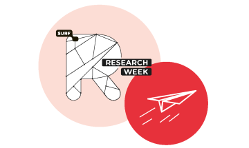 Logo SURF Research Week met papieren vliegtuigje