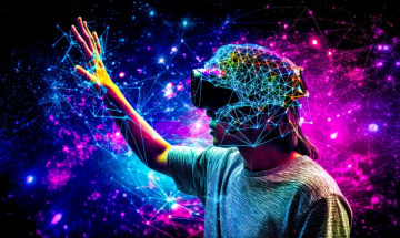 Man wearing virtual headset background generative AI