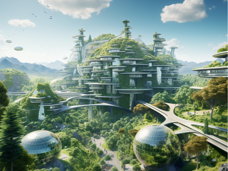 Futuristisch gebouw met veel groen en spiegelende bollen op de voorgrond, verbonden met wegen