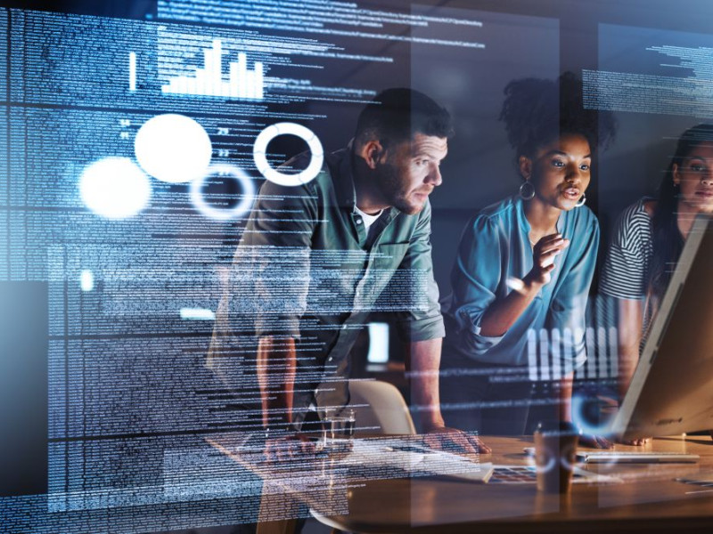 Three people hovering with transparent information overlay