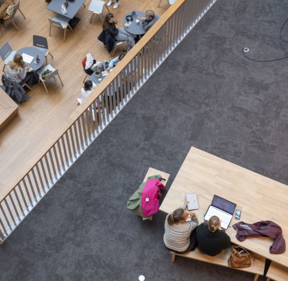 Foto van bovenaf genomen van een hal in een instelling met studenten aan tafels